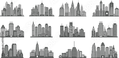 Modern city skyline silhouettes collection, urban building architecture illustration set, black and white skyscraper design, contemporary downtown cityscape 