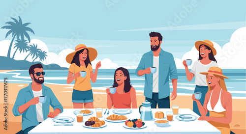 Group Enjoying Brunch At Beachside Table On Vacation