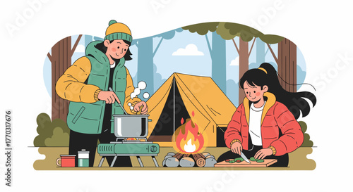 Happy Couple Enjoying Camping Trip And Preparing Food Outdoors