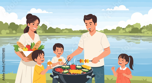 Happy Family Enjoying A Lakeside Barbecue On Summer Day