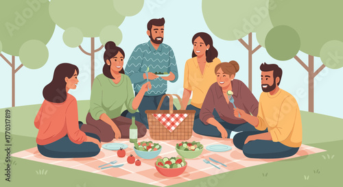 Joyful Gathering Friends Enjoying Picnic Outdoors Sunny Day