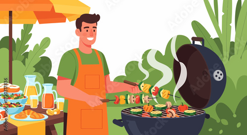 Man Cooking Vegetables On Grill At Outdoor Barbecue Party