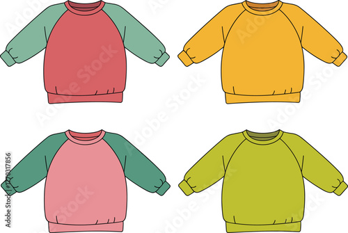 Colorful sweatshirt collection vector illustration, flat CAD fashion design, unisex casual clothing template, cozy winter wear mockup, digital garment artwork