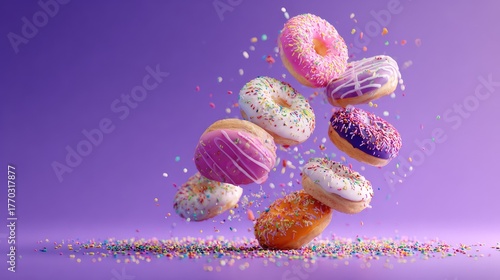 Colorful Donuts with Sprinkles Flying Against a Vibrant Purple Background, Perfect for Sweet Treats and Dessert Themes in Food Photography