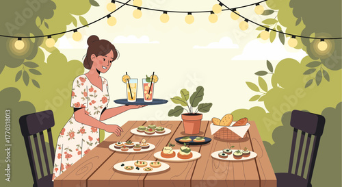 Outdoor Celebration With Appetizers And Drinks Served By Woman