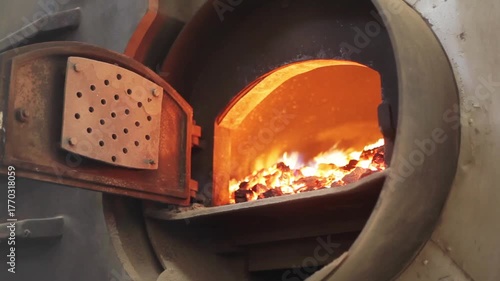 Worker feeding coal into industrial water boiler with intense flames