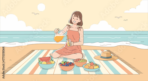 Picnic At Sandy Beach With Orange Juice And Fresh Fruits