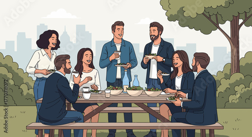 Professionals Enjoying Outdoor Lunch Meeting In City Park