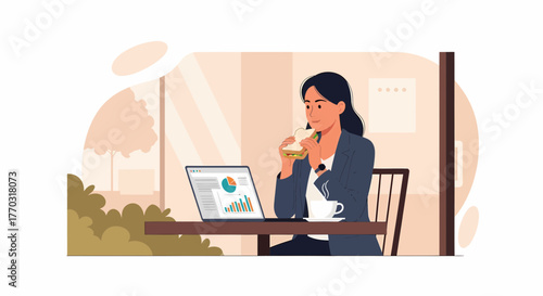 Professional Woman Enjoying Lunch Break While Analyzing Business Data