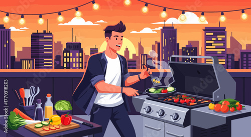 Rooftop Evening Barbecue With City Skyline And Warm Atmosphere