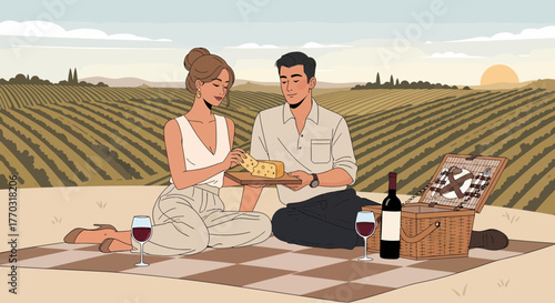 Romantic Vineyard Picnic With Wine And Cheese At Sunset