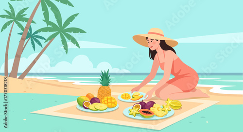 Tropical Getaway Woman Enjoying Fresh Fruits On Beachside Picnic