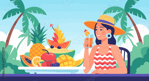 Tropical Getaway Woman Enjoying Fresh Fruit And Drink In Paradise