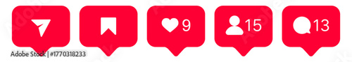 Social media notification icons set. Heart like comment follow message bubbles on transparent background