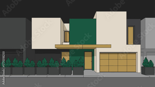 A modern house with a green accent wall and a row of potted plants in front of the house design style