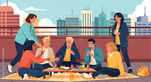 Urban Rooftop Gathering Friends Enjoying Snacks And Drinks Outdoors