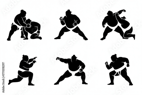 Dynamic sumo wrestlers in action poses capture the raw power and intensity of Japan's ancient martial art, perfect for sports and cultural themes.