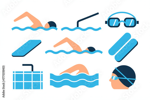 Dynamic aquatic icons capture the joy and athleticism of swimming, featuring swimmers, goggles, kickboards, and pool elements for vibrant sport visuals.