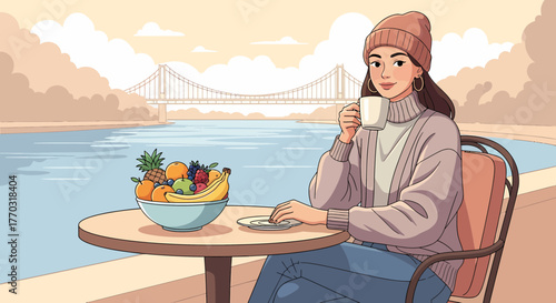 Woman Enjoying Coffee And Fruits With Bridge View Landscape