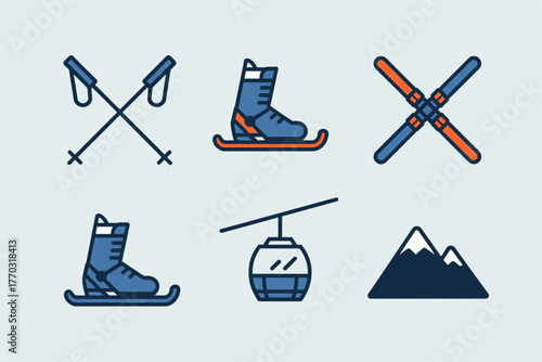 Dynamic winter sports icons capture the thrill of snow adventures with skis, poles, boots, gondola, and majestic mountains