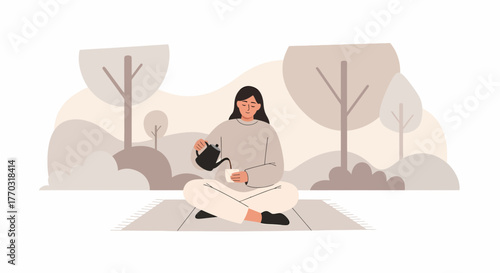 Woman Enjoying Hot Beverage In Nature Meditative Moment Illustration