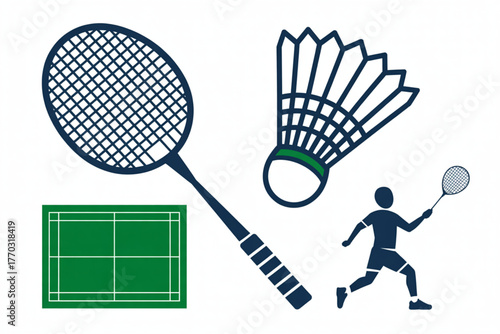 Dynamic badminton elements capture action and sport, perfect for athletic branding, health promotions, and active lifestyle content.