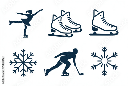 Dynamic ice skating icons capture the thrill of winter sports with elegant figure skater, hockey player, skates, and snowflakes