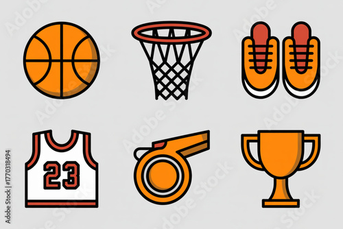 Dynamic basketball icons capturing the excitement of the game including ball, hoop, shoes, jersey, whistle, and trophy