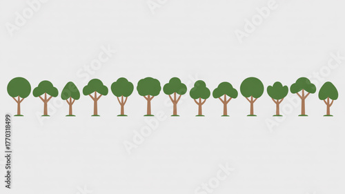 A row of diverse, stylized green trees with brown trunks and subtle ground bases, perfect for natural themes and eco designs.