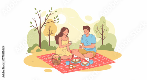 Young Couple Enjoying A Peaceful Picnic In The Park Together