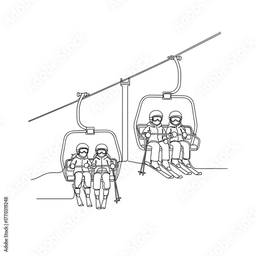 Children riding ski lift in winter landscape wearing snow gear  