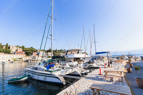 Peaceful marina with sailboats and catamarans on sunny day