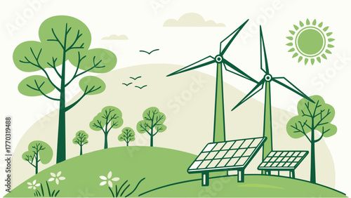 Sustainability landscape featuring solar panels, windmills, and green energy sources