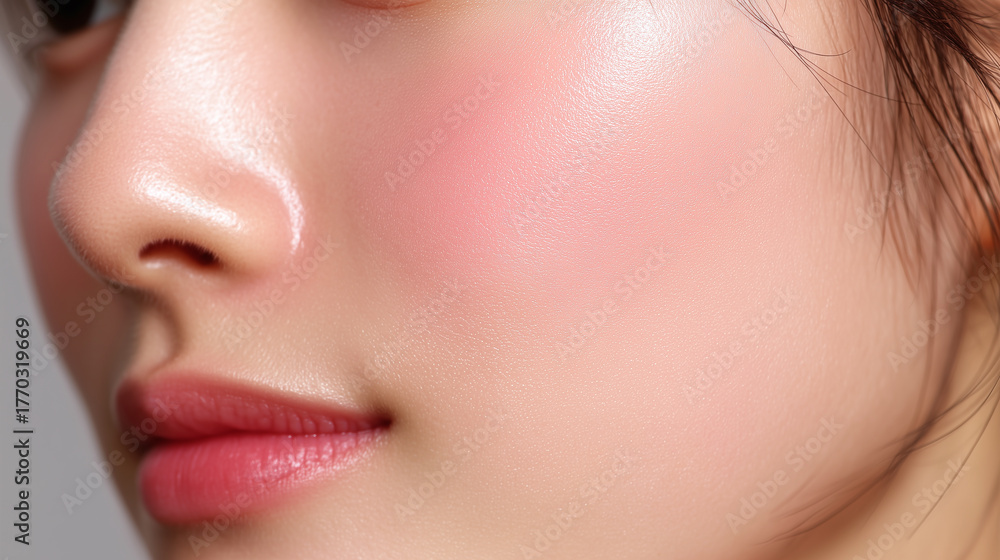 Obraz premium Close up of Asian female jawline with smooth skin, natural blush, and soft pink lips, highlighting healthy complexion and subtle makeup in bright, fresh mood