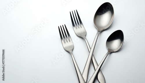 Close up of cutlery set against clean backdrop. Metal spoons, forks presented diagonally. Elegant tableware arrangement for food service. Modern kitchen utensils for dining table. Silver flatware