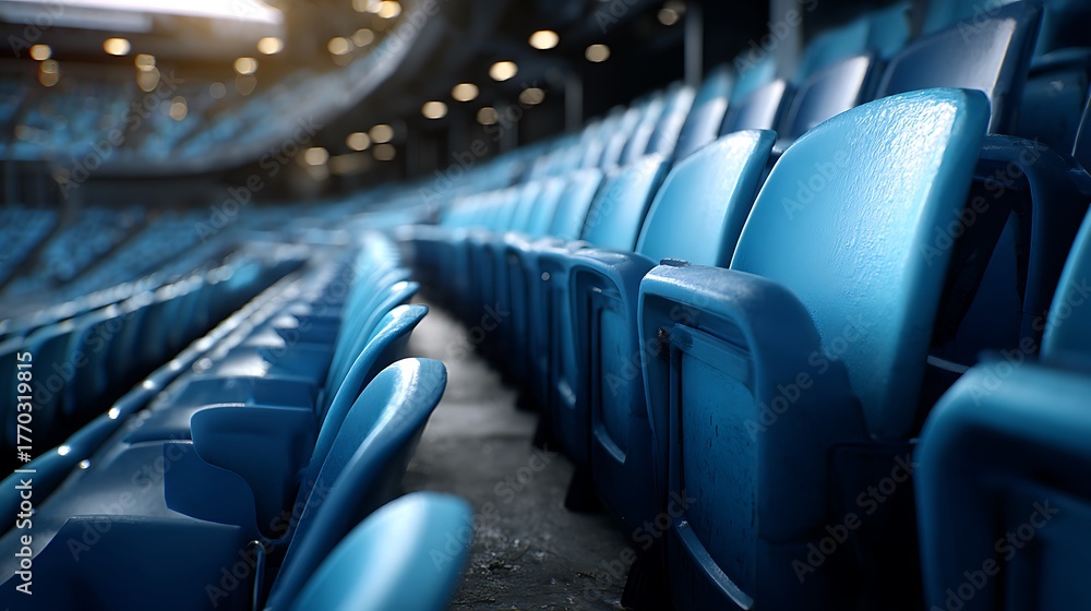 Obraz premium Empty Blue Stadium Seating Rows Awaiting Spectators for Sporting Events