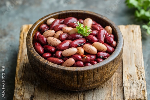 Canned red beans on wooden background