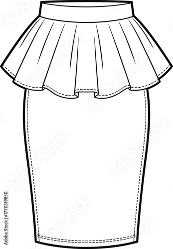 Vector illustration of pencil skirt with flared peplum waist and high waistband for fashion design, garment construction, and style concept