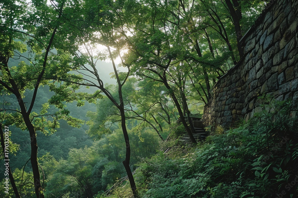 Fototapeta premium Lush green forest with sun shining through trees illuminating path next to stone wall