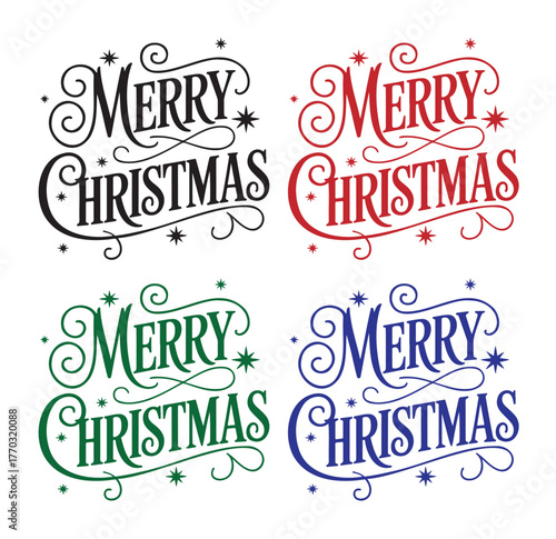 Four different colored "Merry Christmas" text designs with decorative swirls and stars.