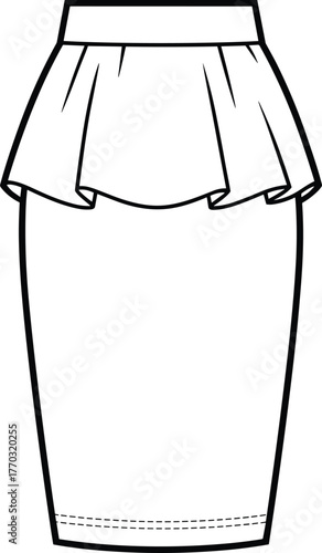 Vector illustration of pencil skirt with flared peplum waist and stitched hemline for fashion design, garment construction, and style concept