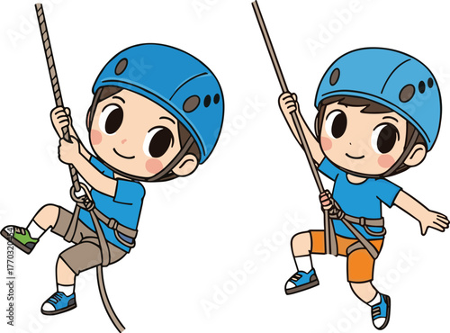 Cartoon children rock climbing with helmets, ropes, and harnesses, outdoor adventure illustration for safety education, sports activity, and stock content
