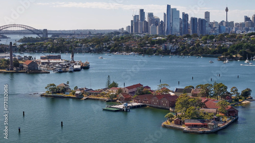 Photography Aerial drone view of Spectacle Island on Parramatta River and Sydney Harbour, in