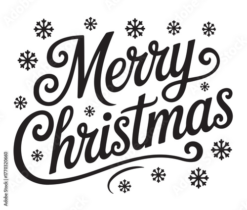 Elegant 'Merry Christmas' calligraphic lettering in black, adorned with festive snowflake illustrations on a white background.