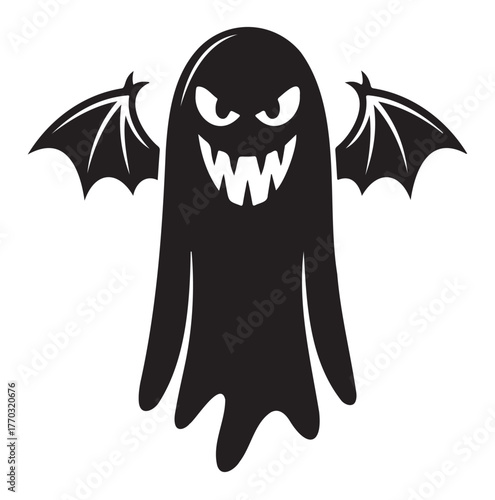 A spooky black ghost with bat wings and sharp teeth, perfect for Halloween decorations.