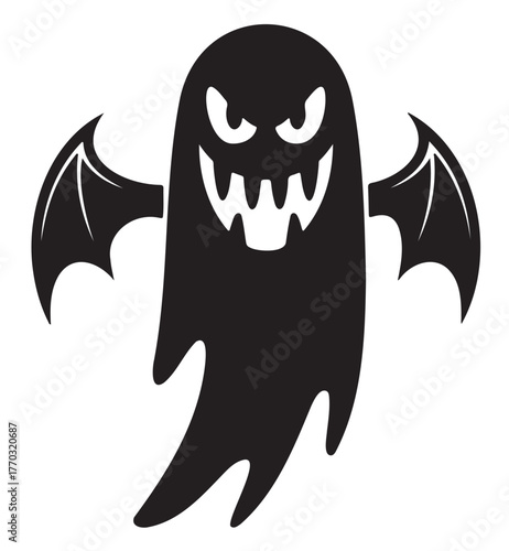 A black cartoon ghost with bat wings and an angry, scary face.