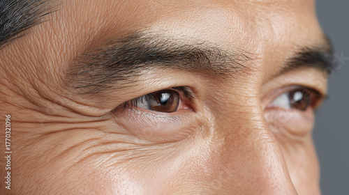 Close up of Asian male face showing detailed forehead, eye, eyebrow, and skin texture with visible wrinkles, natural aging, and healthy complexion in studio setting