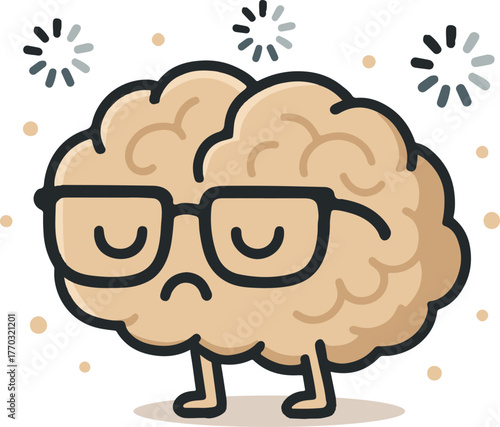 Cute Nerdy Brain Character with Glasses Feeling Stressed and Overwhelmed