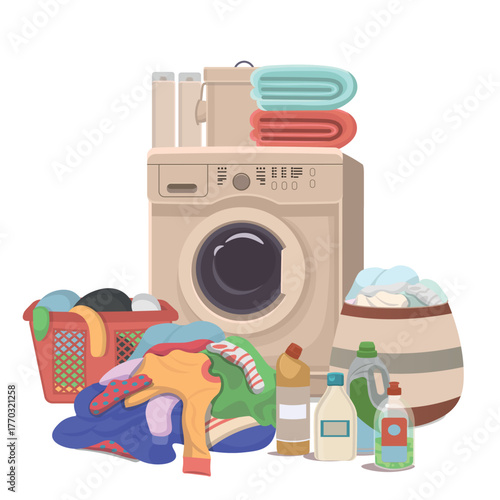 Big wash. Sorting laundry. A big pile of dirty laundry with a washing machine and washing powder and gels. Closed Washing Machine in a Modern