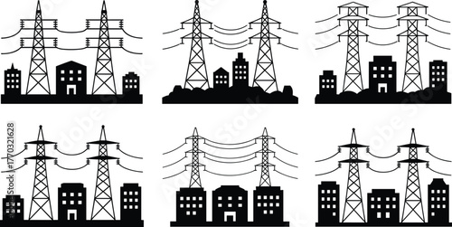 Transmission tower illustration set, urban building silhouettes, power line vector graphics, electricity infrastructure design, black and white cityscape, 